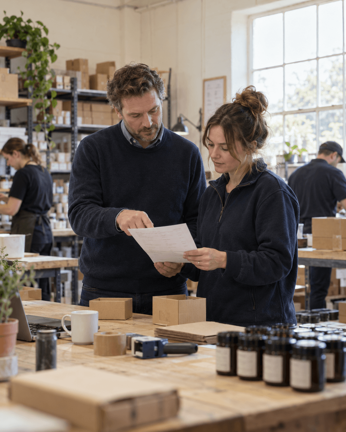 AI-generated illustration: two colleagues checking an order in a small business workshop